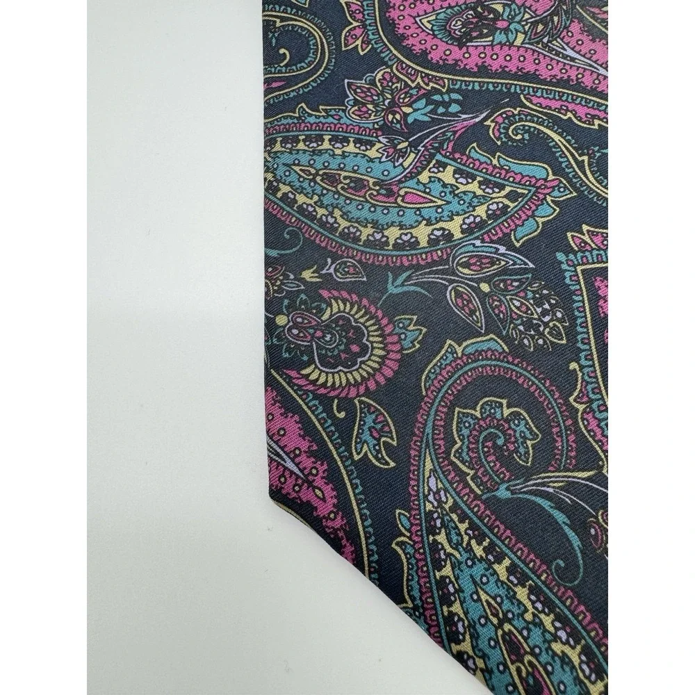 Bert Pulitzer Silk Tie Paisley Black Pink Teal Made in USA Necktie Classic Width